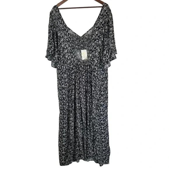 A New Day Black Floral Print Flutter‎ Sleeve V Neck Midi Dress Plus Size 3X - Picture 3 of 13